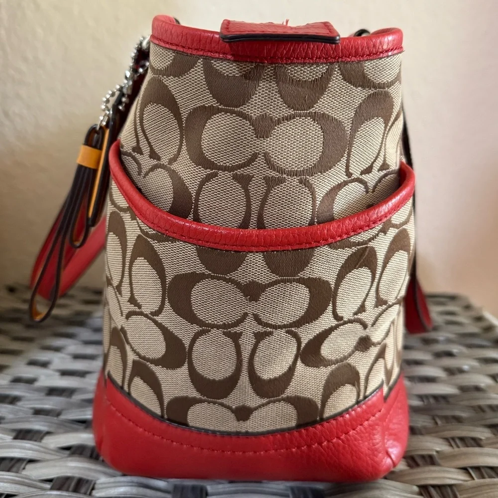 Coach Signature Canvas Tote w/ Red Coral Leather Trim – F23297 - Picture 10 of 16